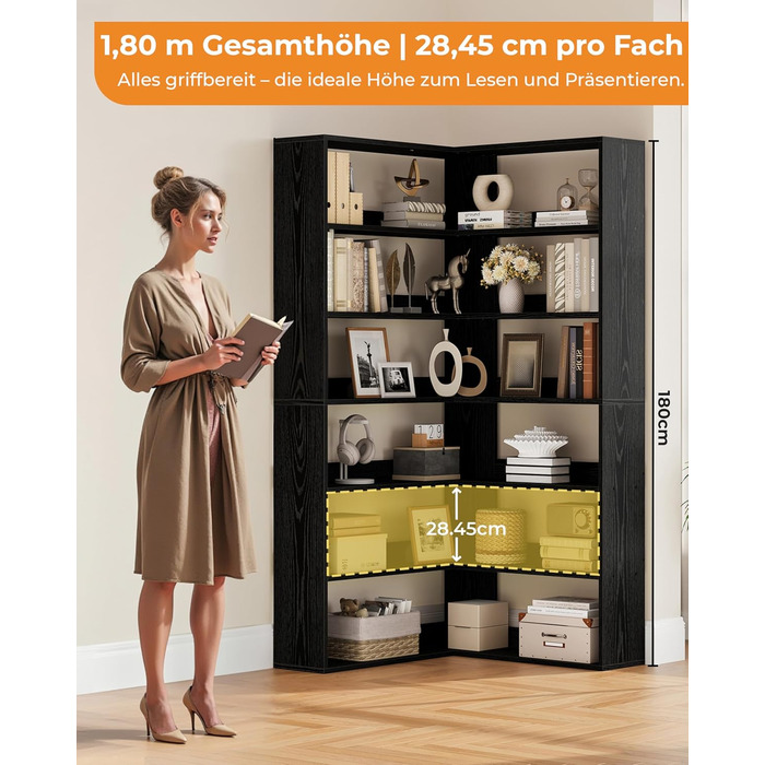Книжкова полиця IRONCK, 6 ярусів, кутова полиця, висота 180 см, окремостояча дерев&39яна L-подібна відкрита полиця, полиця для зберігання речей для кабінету, офісу, вітальні, спальні (чорна)