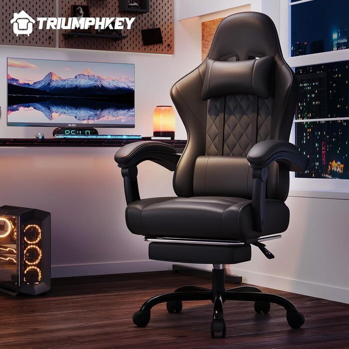 Геймерське крісло, офісне крісло з підставкою для ніг, ергономічне крісло з регульованою спинкою 90-135, вантажопідйомність 150 кг, чорний колір