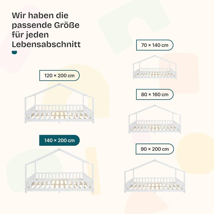 Дитяче ліжко Treviolo House, 140 x 200 см, Дерев&39яне дитяче ліжко із захистом від падіння, каркас ліжка Монтессорі з рейковою основою, сосна, білий колір, 140 x 200 см