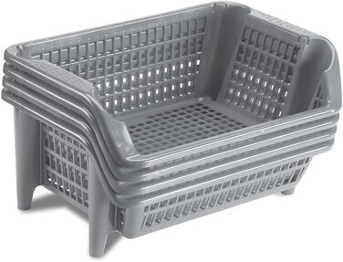 Стелаж Kreher, що складається з чотирьох штабельованих пластикових кошиків сірого кольору. Штабельується та вкладається. Можна розширювати за бажанням.