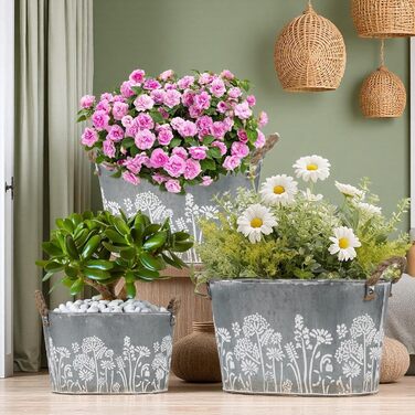 Набір вінтажних вуличних квіткових горщиків, 3 предмети, оцинковані металеві горщики для рослин з мотузковими ручками, відра для квітів/горщики для трав для кухні, балкону та саду, 19/22,5/26 см