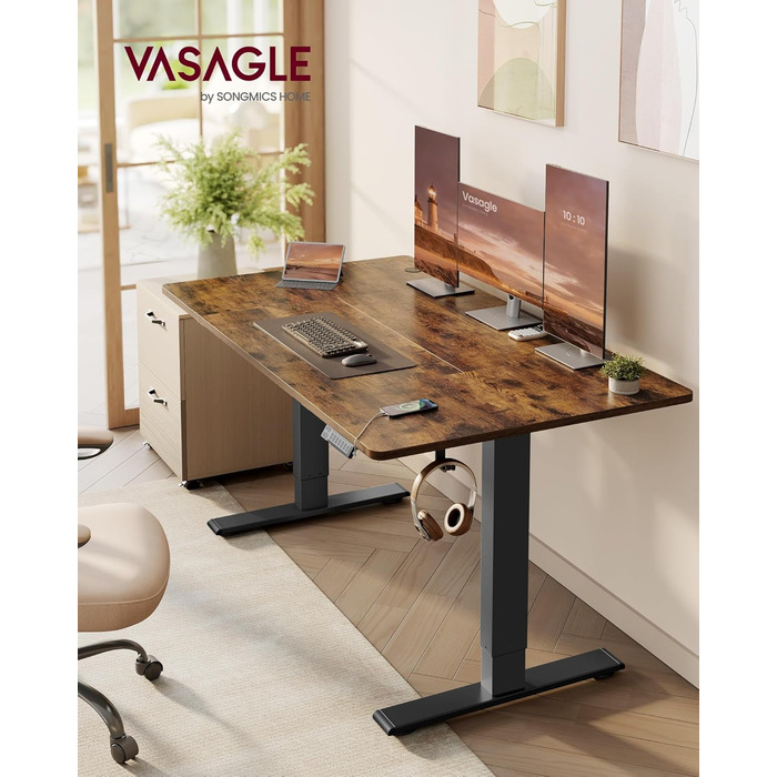 Стіл VASAGLE з регульованою висотою, 140 x 80 см, порт USB-C, подовжувач для зберігання, стіл для роботи стоячи, нагадування про тривале сидіння, 3 кнопки пам&39яті, для офісу, вінтажний коричневий LSD144KD02 140 x 80 см вінтажний коричневий