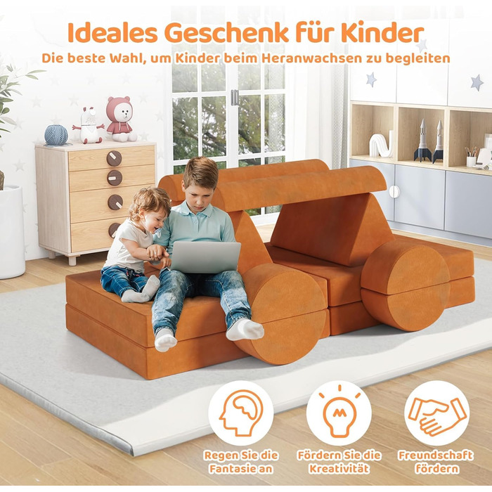 Дитячий ігровий диванчик з 15 модулями, модульний дитячий ігровий диванчик, дитячий диванчик з пінопластових будівельних блоків, ігровий диванчик для дітей та дитяче крісло, затишний куточок у дитячій кімнаті, для гри, творчості, сну, помаранчевий