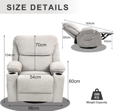 Крісло-гойдалка з функцією масажу, крісло для телевізора з функцією відкидання, вібрація, підігрів, товста спинка та підлокітники, масажне крісло з функцією гойдання, поворот на 360, бежевий