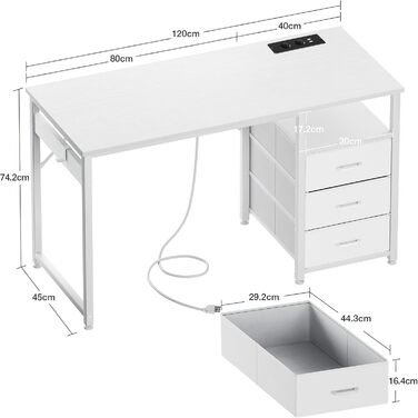 Письмовий стіл ODK з 3 тканинними шухлядами, 120x48x75,5 см, Комп&39ютерний стіл з 2 розетками та USB-портами, Двосторонній ПК-стіл, Офісний стіл для домашнього офісу, Білий 120x48x75,5 см Білий
