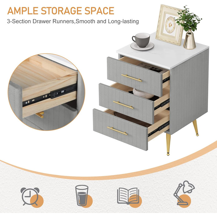 Комплект із 2 приліжкових тумбочок/тумбочек для ліжка з пружинним матрацом, 3 шухляди з масиву дерева, комод/сервант, легке складання, висота та вантажопідйомність, 40,5x460 см, сірий TS135gr-2 3 шухляди сірий 2