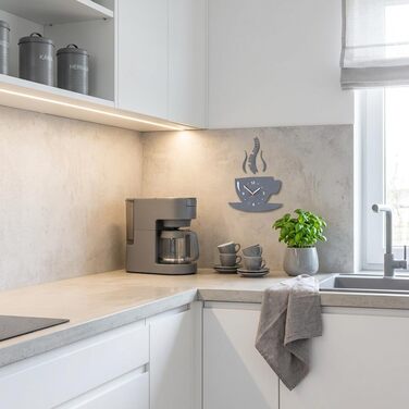 Настінний годинник FLEXISTYLE Time for Coffee для сучасної кухні, сірий, 3D римські цифри, декор для стін, 32 x 19 см