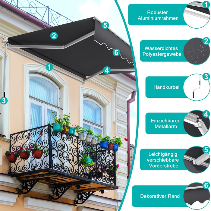 Ручний складаний тент Aufun, балконний тент з алюмінію та поліестеру, висувний сонцезахисний тент з ручним приводом, водонепроникний та стійкий до ультрафіолету для балкону, тераси та використання на вулиці (250x200 см, темно-сірий) 250 x 200 см темно-сір