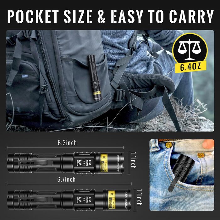 Ультрафіолетовий ліхтарик DARKBEAM Blacklight 365 нм та 395 нм, світлодіодний ліхтарик з ультрафіолетовим випромінюванням, що перезаряджається від USB, надзвичайно яскравий, з регульованим фокусом, лампа Вуда з чорним світлом для сечі домашніх тварин, ура