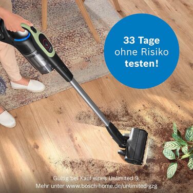 Акумуляторний пилосос Bosch Unlimited 9 BBS921TBA, бездротовий, MicroClean Technology, дисплей, компресія пилу, HEPA-фільтр, 10 років гарантії на двигун, змінний акумулятор, LED-підсвітка, щілина для вузьких місць, зелений