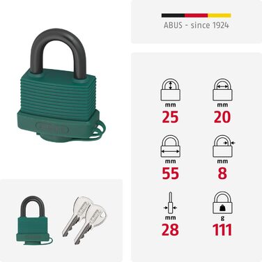 Замок навісний ABUS 70AL/45 з масивного алюмінію стійкий до погодних умов з захисною кришкою та пластиковим покриттям рівень безпеки ABUS 5 Зелений, 45 мм, індивідуальний ключ
