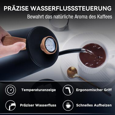 Чайник з гусячою шийкою з термометром, електричний чайник 1л з автоматичним вимкненням, чайник для гарячої води з нержавіючої стал