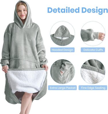 Ковдра Good Nite з рукавами велика шерпа-флісова ковдра для жінок та чоловіків, портативна тепла ковдра з кишенями, дорослий затишний светр-толстовка сірого кольору 90x130 см сірого кольору - подвійний фетр