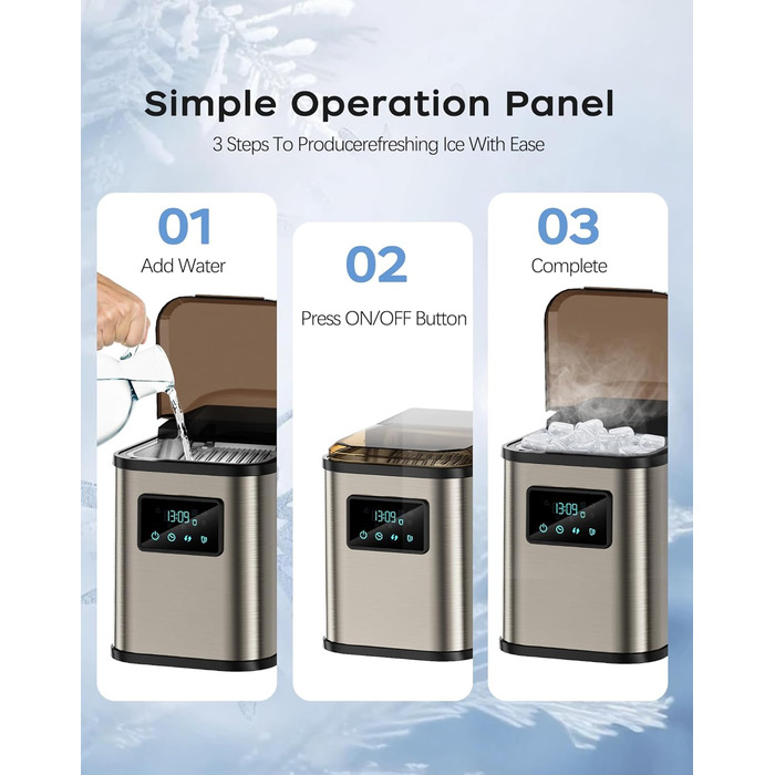 Машина для льоду з нержавіючої сталі KeeGone зі світлодіодним дисплеєм, льодогенератор Льодогенератор і функція очищення, резервуар для води на 2 л, включаючи лопату для льоду та кошик, 2 розміри кубиків льоду для кухні, офісу, бару та вечірки