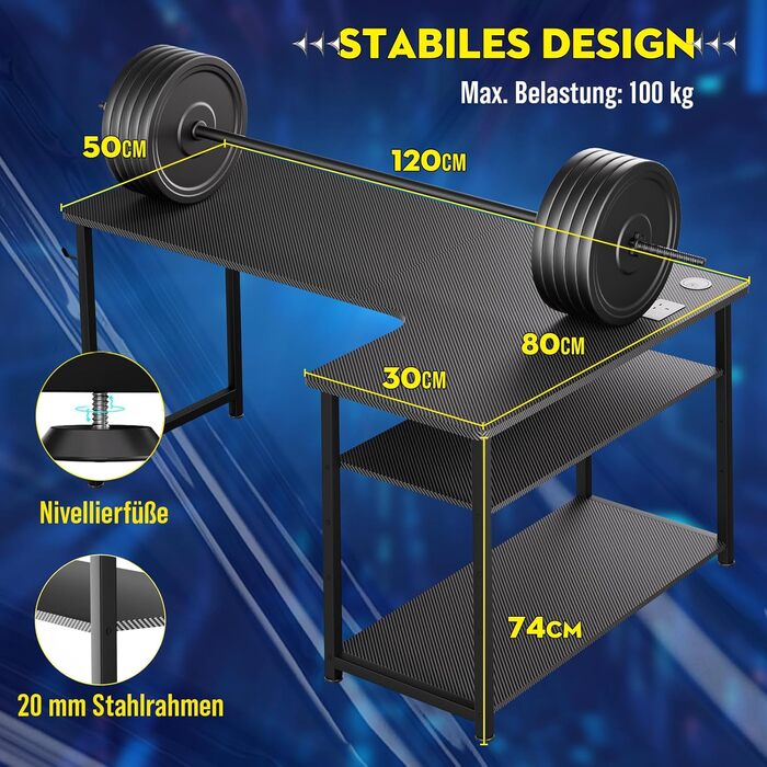 Ігровий стіл COMHOMA з розеткою, 120 x 80 см, кутовий стіл із портом зарядки USB та полицею, L-подібний комп&39ютерний стіл, ПК-стіл для офісу, домашній офіс, чорний - 120 см