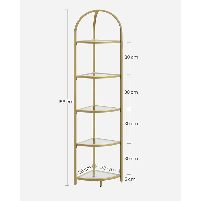 Кутова полиця VASAGLE, 5 полиць, книжкова полиця, полиця для рослин, окремостояча полиця, полиця для ванної кімнати, полиці із загартованого скла, сталева рама, сучасна, для вітальні, кухні, металеве золото LGT810A01 5 полиць (28 x 28 x 158 см) металеве з
