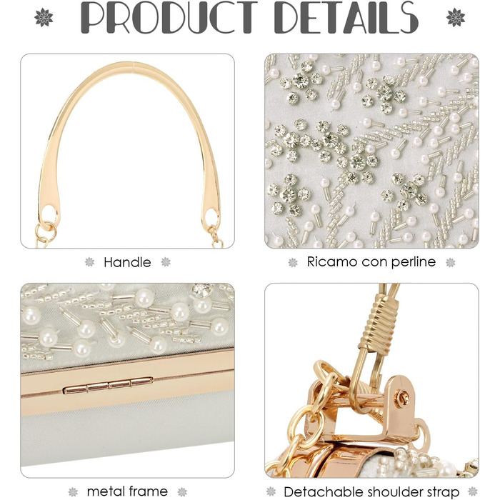 Жіноче клатч з перлинною вишивкою. Елегантна кришталева сумочка для весілля, вишукана вечірня сумочка, сумка для нареченої на ланцюжку для вечірок та випускних, срібляста.