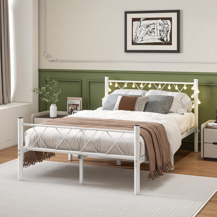Каркас ліжка HOJINLINERO 120x200 з підсвічуванням, Ліжко 120x200 з рейковою основою, Металевий каркас ліжка, Металеве двоспальне ліжко, Гостьове ліжко, Дитяче ліжко з місцем для зберігання під ліжком для спальні, Біле