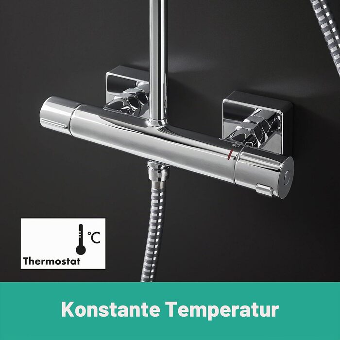 Душова система hansgrohe Vernis Shape з термостатом, економною лійкою (EcoSmart) 230 x 170 мм, ручною лійкою, шлангом та штангою, хром, 26097000