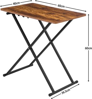 Складаний бічний столик HOOBRO, невеликий столик-піднос, складні столи з регульованою висотою, 60 x 40 x 60 см, піднос під телевізор в індустріальному стилі, столик-піднос, столик для закусок, темно-коричневий EBF16BZ01