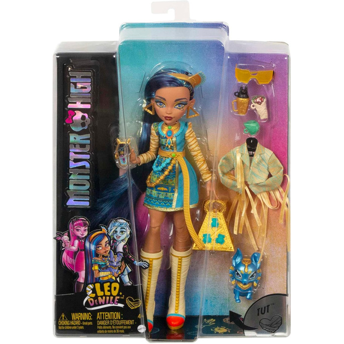 Лялька Monster High Cleo de Nile, Модна лялька-мумія, Королівський костюм, Чоботи-вбивці, Рюкзак-піраміда, Аксесуари, для дітей віком від 4 років, HHK54