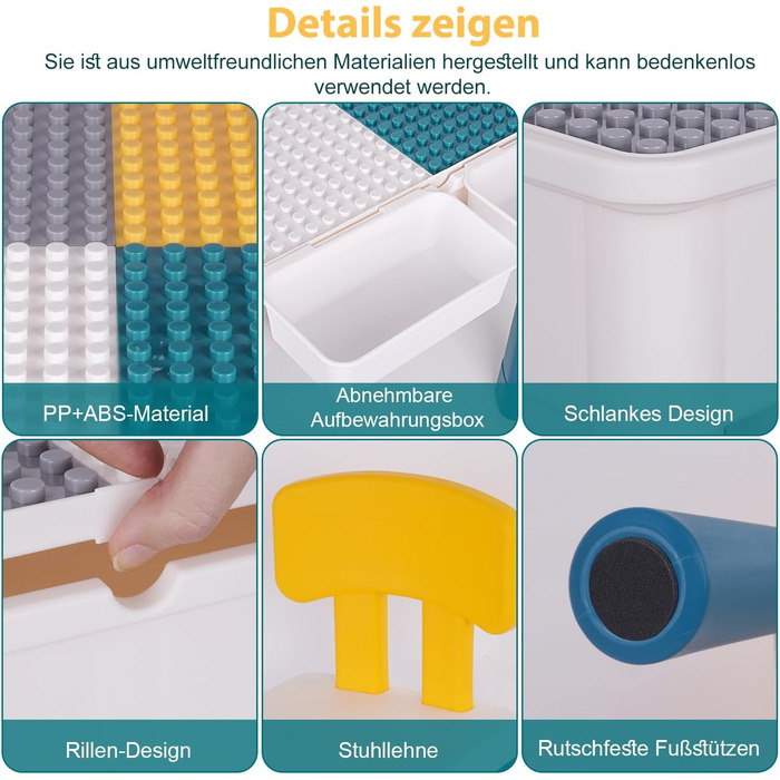 Дитячий стіл 7-в-1, комплект дитячого столу та стільця, стіл з будівельних блоків, багатофункціональний робочий стіл, розвивальна іграшка для розвитку дитини, двостороння стільниця (з 548 будівельними блоками)