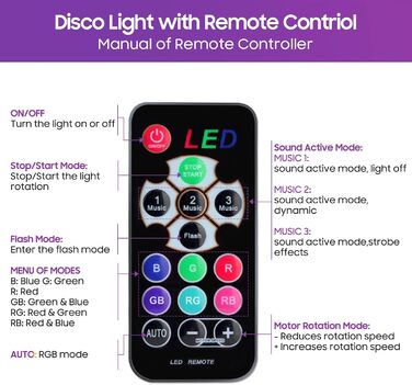 Диско-куля, диско-світло, що обертається на 360°, світлодіодна лампа для вечірки з музичною активацією, диско-світло з пультом дистанційного керування, динамічні світлові ефекти RGB потужністю 3 Вт, USB-кабель 4 м / 13 футів для вечірок, дому, Різдва, діт