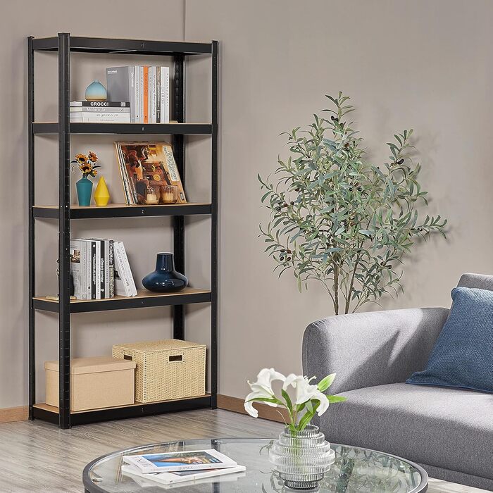 Полиця для зберігання Yaheetech для важких умов експлуатації з регульованими полицями з МДФ, органайзер-стелаж для гаража, вітальні, кухні, підвалу 90x30x180 см/чорна