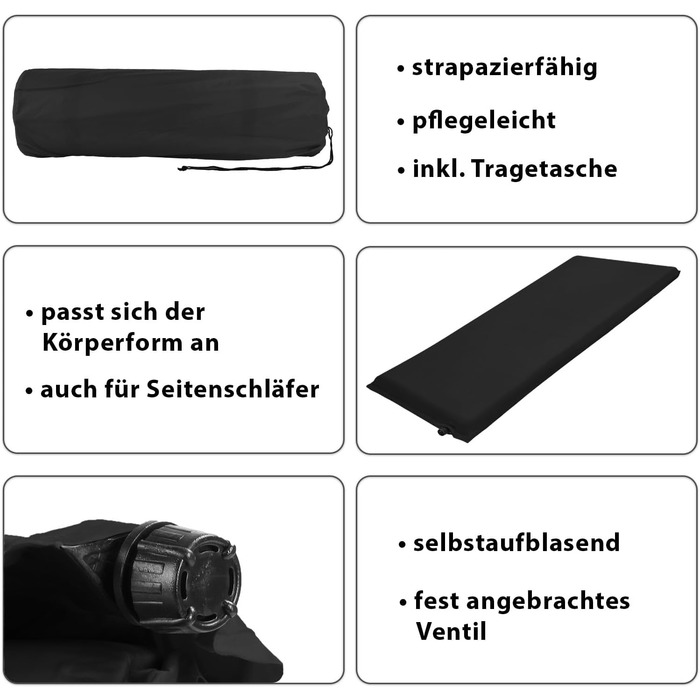 Килимок для кемпінгу ALPIDEX, самонадувний килимок з товстої піни 2,5 см 6 см 10 см, міцний та ізолюючий килимок для вулиці, колір чорний, розміри 200 x 66 x 6,0 см