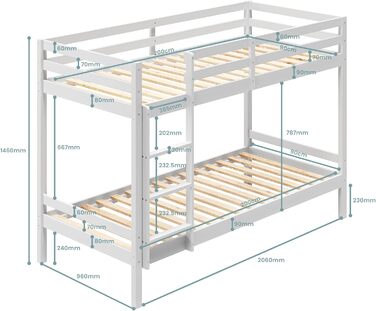Дитяче ліжко-горище Kids Collective, двоярусне ліжко, ліжко-горище 90x200 Дерев&39яне дитяче ліжко, сертифіковане EN 747, компактне та безпечне двоярусне ліжко 206x96x146 см (ШxГxВ) Білий Для дітей віком від 4 до 18 років, 90x200 см, матрац не входить до 