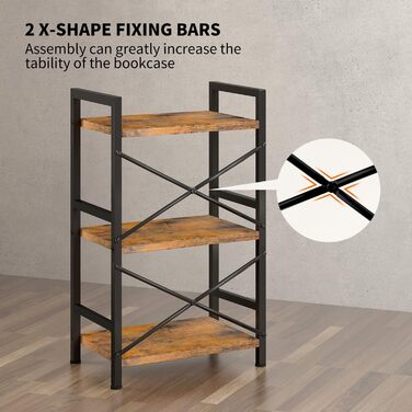 Рівнева промислова книжкова полиця, металева, невелика книжкова полиця, органайзер для зберігання для вітальні, спальні та домашнього офісу (сільський коричневий) 3 рівні, 3-