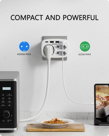 Розетка 7 в 1 адаптер для декількох розеток, 3 відділення подвійний євро і 1 вилка Schuko з 3 USB і USB-C з'єднаннями, подвійна ви