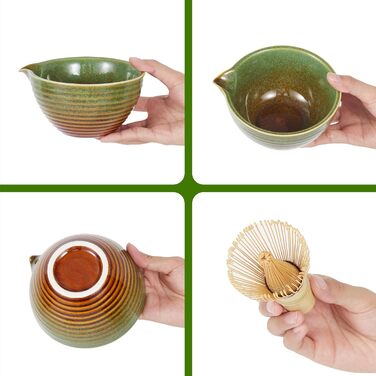 Набір для матчі Garvee 7 предметів керамічна чаша, бамбуковий вінчик (часен), підставка для вінчика, бамбусова ложка, підставка для ложки, ситечко з нержавіючої сталі та серветка для чаю для традиційних чайних церемоній та поціновувачів чаю колір зелений,