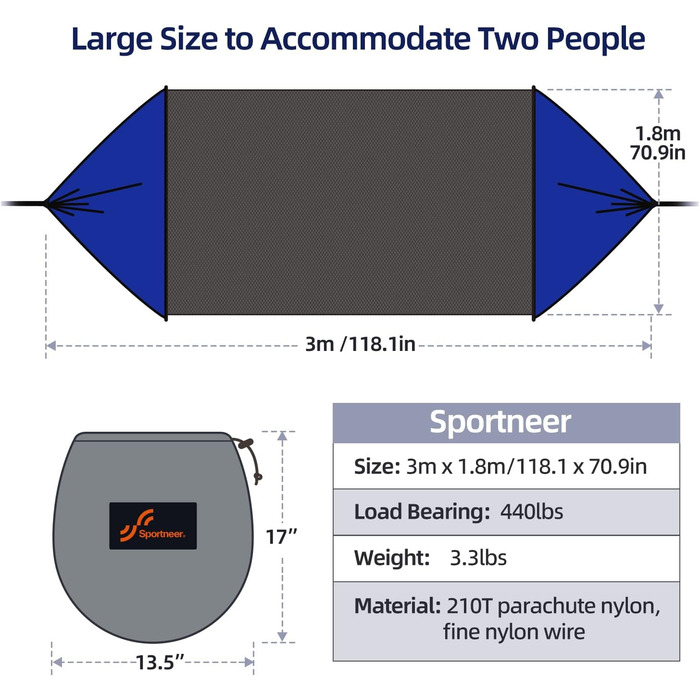 Гамак з москітною сіткою, 300 x 180 см Відкритий гамак Sportneer вантажопідйомністю 200 кг Кемпінговий гамак, гамаки з 2 карабінами преміум класу, 2 нейлоновими стропами, включаючи темно-синій сірий