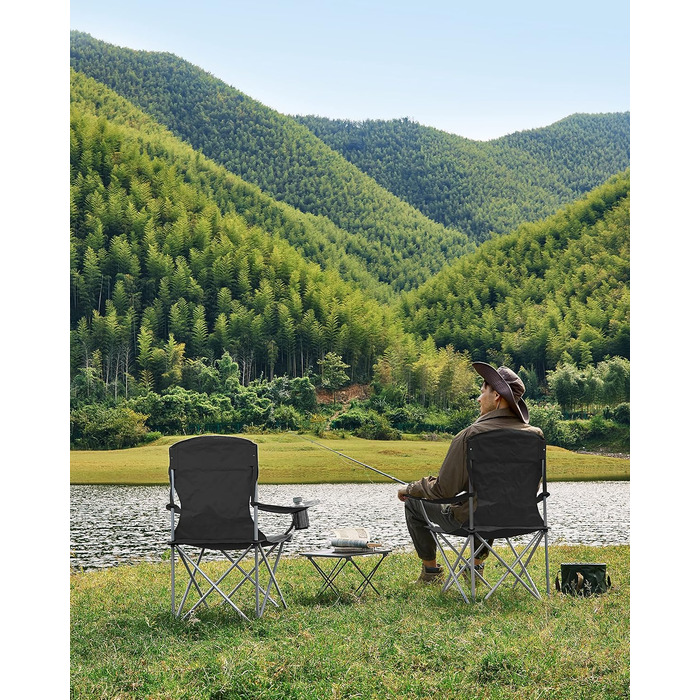 Складаний кемпінговий стілець SONGMICS, 2 шт., зручна міцна конструкція, витримує до 150 кг, з тримачем для напоїв, вуличний стілець, чорний