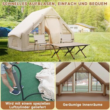 Надувний кемпінговий намет з насосом, надувний намет Oxford 420D для кемпінгу, водонепроникний до 3000 мм, вітрозахисний намет-кабінка на 4 сезони з сітчастими вікнами, розрахований на 3-4 особи, з каміном / 300 x 200 x 200 см