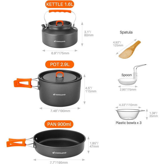 Набір посуду для кемпінгу Odoland, 10-предметний набір посуду для кемпінгу з кемпінговою каструлею, кемпінговою сковородою та чайниками для кемпінгу, приготування їжі на свіжому повітрі, походів та подорожей каструля 2,9 л, сковорода 0,9 л, чайники 1,6 л