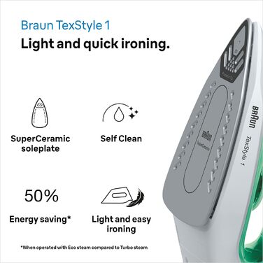 Парова праска Braun TexStyle 1 SI 1040GR - праска з підошвою SuperCeramic, вертикальна подача пари, 2000 Вт, зелена