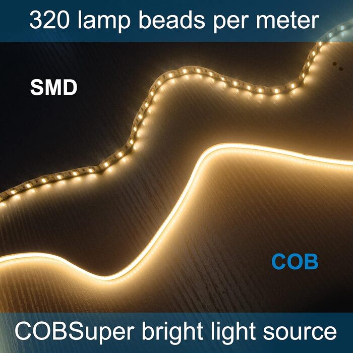 З можливістю затемнення COB тепла біла 3000K гнучка світлодіодна стрічка високої щільності з диммером і блоком живлення, 320 світлодіодів/м 1600 світлодіодів 40 Вт світлодіодна стрічка для спальні, кухні, домашнього декору своїми руками, 24V 5M Wi-Fi