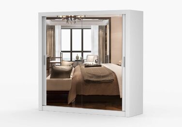 Шафа з дзеркалом - Шафа з розсувними дверима - Шафа для спальні - 64 x 203 x 215 см - Шафа для вітальні - Вішалка для одягу, Шафа з двома дверима, Сучасна 200 см Біла