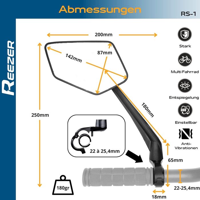 Велосипедні дзеркала REEZER (праве ліве) з надзвичайно великою дзеркальною поверхнею - регульоване на 360 велосипедне дзеркало для керма електровелосипеда та електросамоката - дзеркало заднього виду, сумісне з усіма моделями - комплект пар (праве ліве)