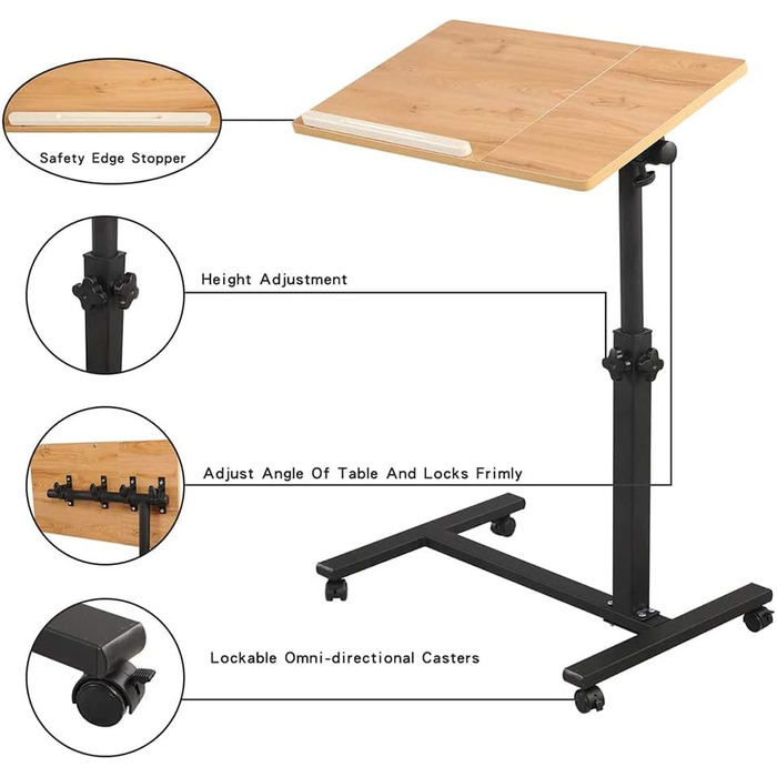 Журнальний столик з колесами, стіл для догляду з регульованою висотою, комп&39ютерний стіл, стіл для ноутбука, офісний комп&39ютерний стіл, приліжковий столик для ліжка для догляду за хворими, письмовий стіл (дерево 60.34.5.58/90см) Дерево (60.34.5.58/90с