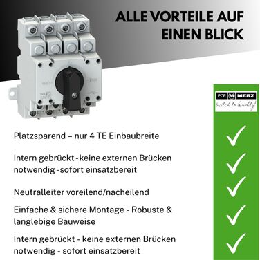 Аварійний вимикач живлення Merz - 63A - 4-полюсний вимикач навантаження - аварійний режим відключення мережі - компактний вимикач живлення (лише 4TE), включаючи вбудований місток (перемикач 63A)