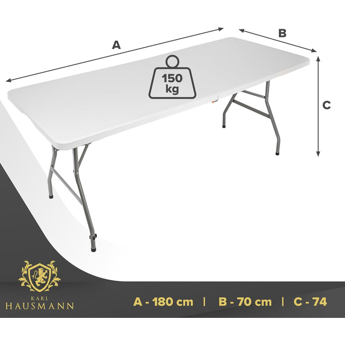 Складаний кемпінговий стіл - 180x70x74 см - Складаний кемпінговий стіл - Складаний стіл з ручкою для перенесення - Складаний стіл - Кемпінгові столи - Стіл для вечірок/пікніка - Для приміщень та вулиці - Білий 180 x 70 x 74 см