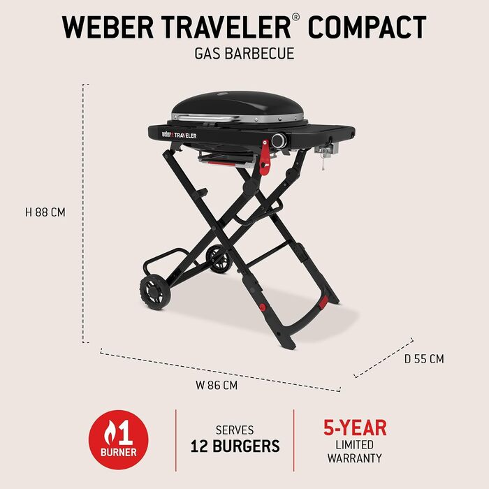 Компактний газовий гриль Weber Traveler з розкладним підставкою та колесами, модель 2026 року