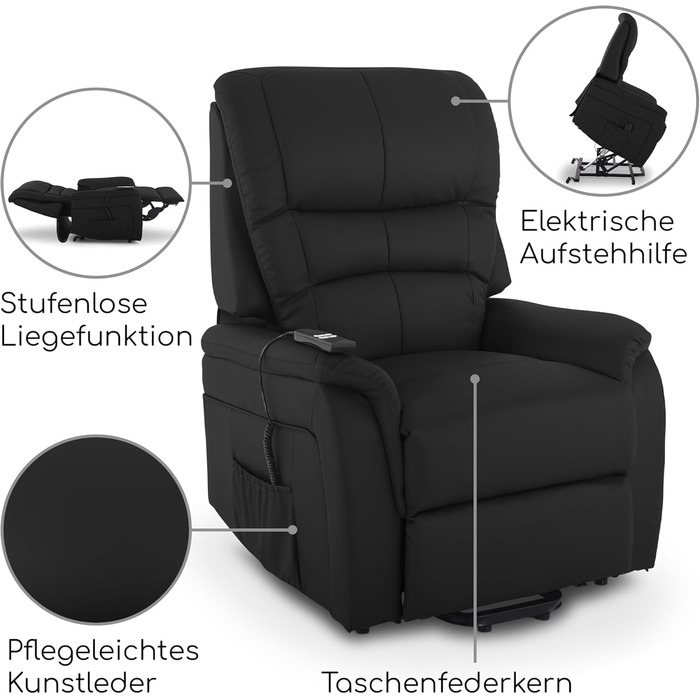 Крісло під телевізор MACOShopde від MACO Mbel Raburg з функцією підйому та відкидання, електрично регульоване з 2 двигунами та дистанційним керуванням, пружинна основа з кишеньковим механізмом, елегантна штучна шкіра Jan Black Чорна штучна шкіра
