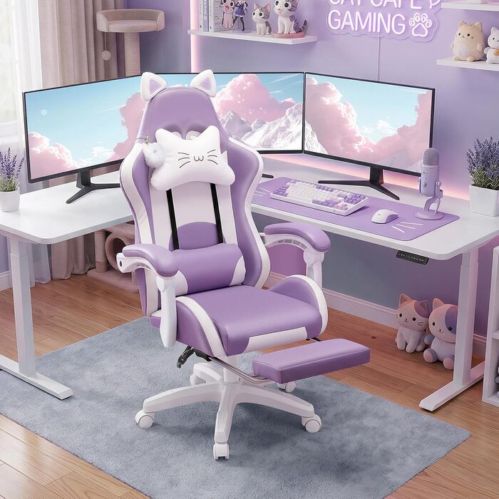 Ігрове крісло, Офісне крісло, Ігрове крісло, Ергономічне ігрове крісло з підставкою для ніг, поперековою опорою, підголівником та котячими вушками, М&39яке ігрове крісло, Обертове крісло для дівчаток, 135 кг, Фіолетовий