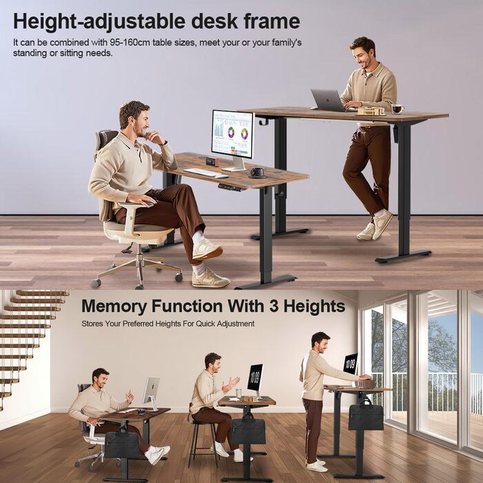 Стіл з регулюванням висоти 140 x 60 x (70-115) см, електричний стіл з регульованою висотою та портом зарядки USB-A/C, функцією пам&39яті, захистом від зіткнень, зрощеною стільницею, вінтажно-коричневий, з портом зарядки USB-A/C, килимками для миші, гачкам