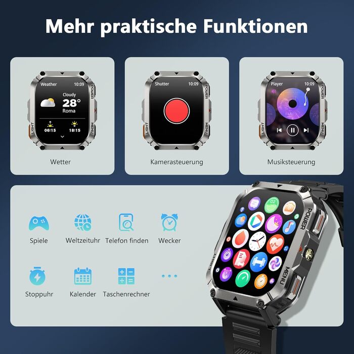 Розумний годинник Blackview для чоловіків з акумулятором 900 мАг, Bluetooth-дзвінками/компасом/світлодіодним підсвічуванням/2 браслетами (силікон/нейлон), спортивний годинник з монітором серцевого ритму, сну, кроків, калорій та кілометражу, фітнес-годинни