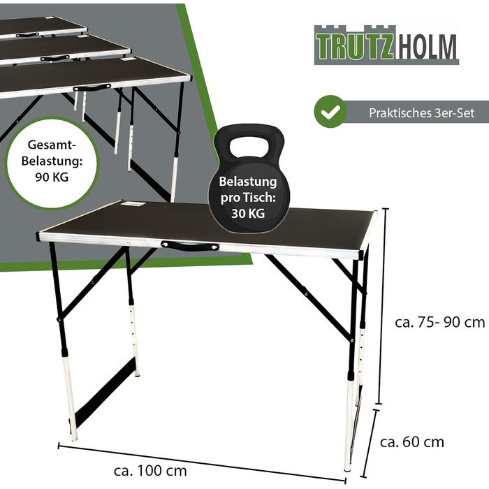ТРУЦГОЛЬМ Комплект із 3 багатофункціональних розсувних столів, 100x60 см, загальна вантажопідйомність 90 кг, підходить для обклеювання шпалерами, блошиних ринків, кемпінгу, складний, журнальний столик та гриль регульована висота, включаючи з&39єднувачі